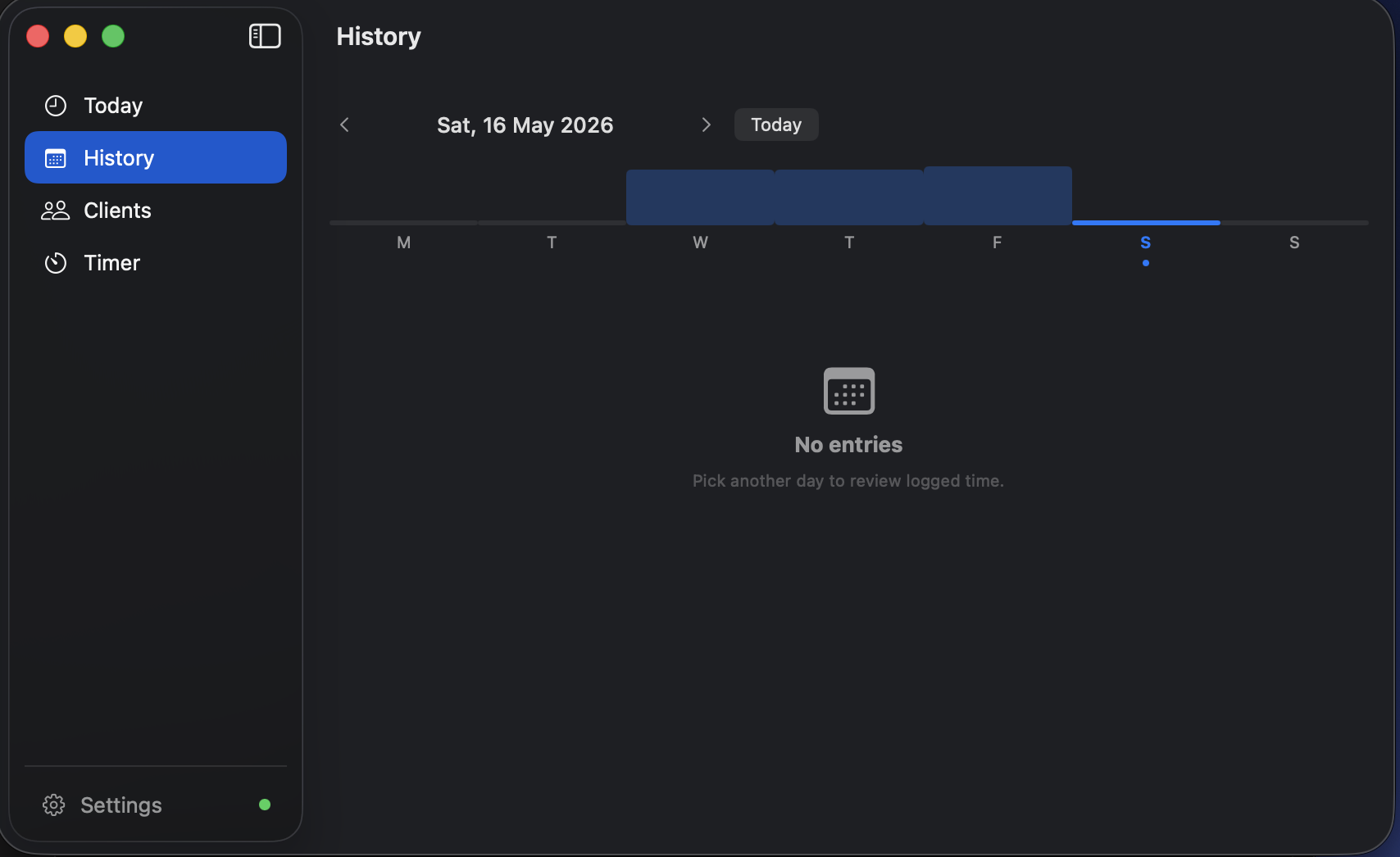 Timelog macOS — History view with weekly bar chart and date navigation